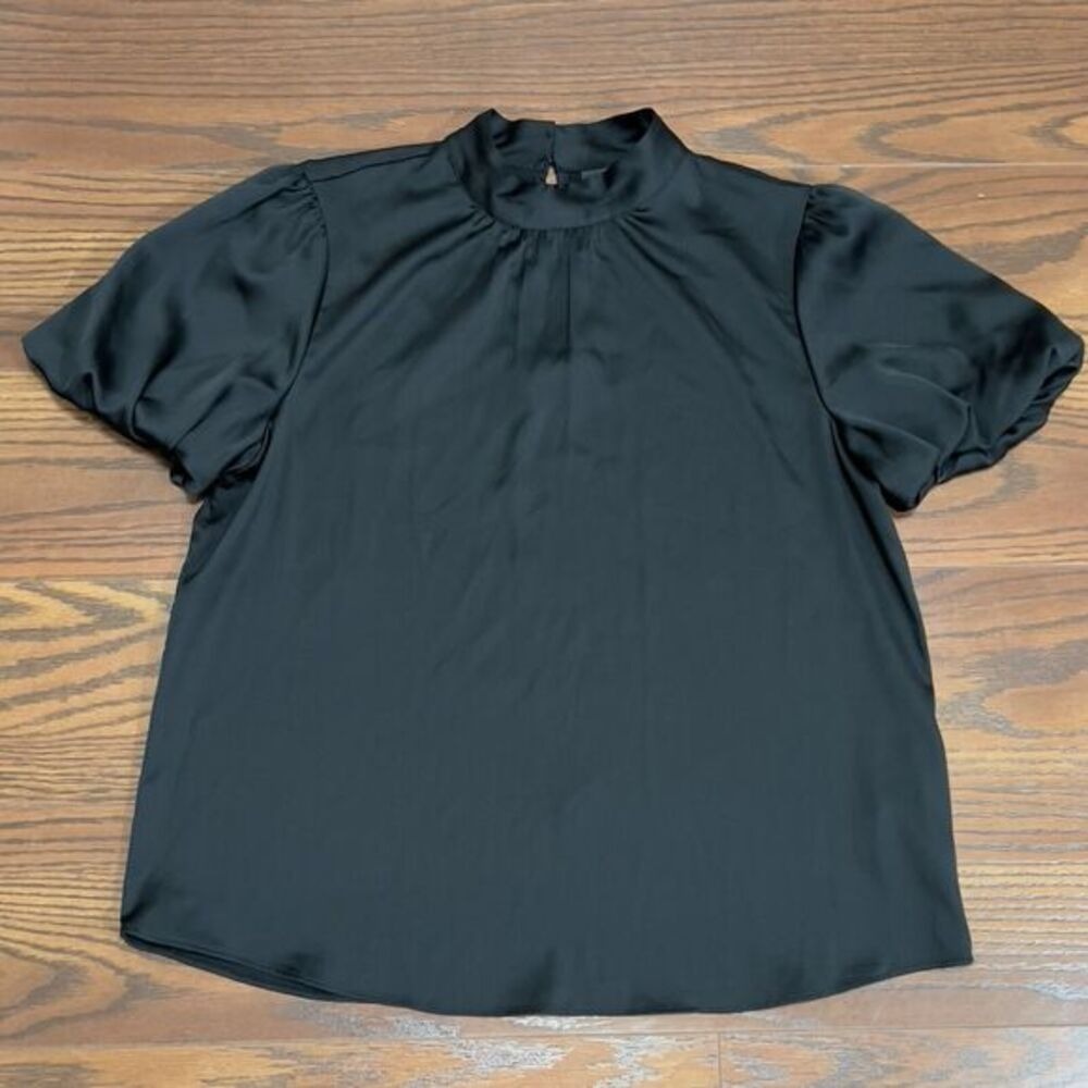 Worthington Womens M Short Sleeve Career Blouse Silky Puff Sleeve Mock Neck